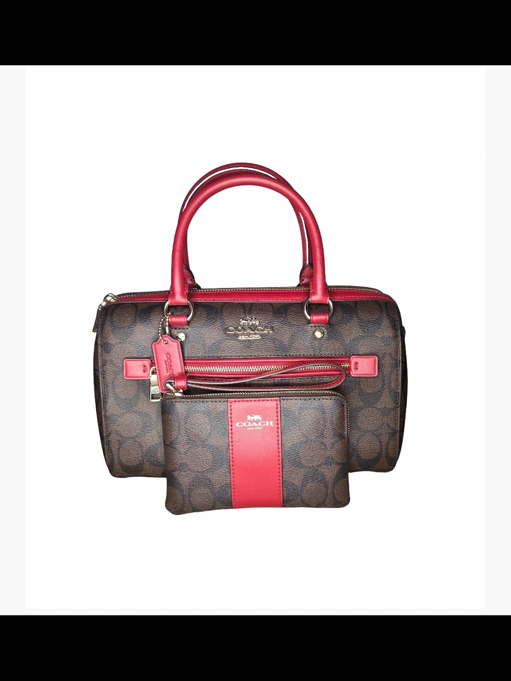 Coach Rowan Satchel Handbag Set • Signature Brown & Red Canvas • Classic